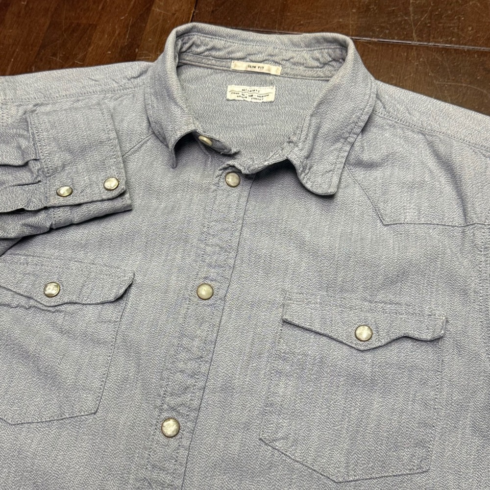 AllSaints Western Murai Shirt Mens Blue Herringbone Pearl Snap Slim Fit